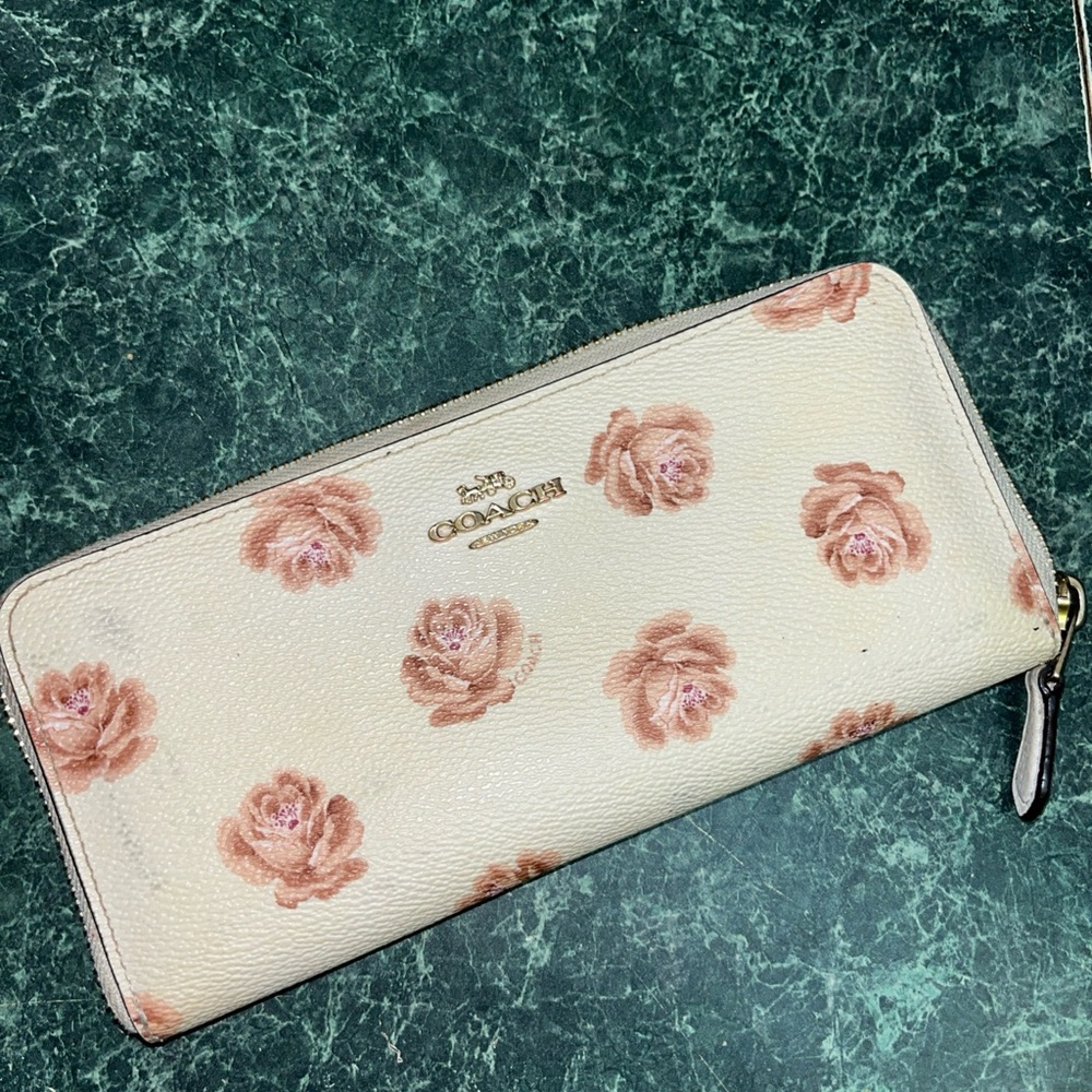 Coach Cream and Pink Floral Rose Print Women's Wallet